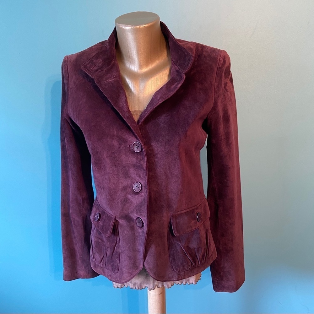 Women’s purple suede  fitted button up Moto jacket in‎ size 6